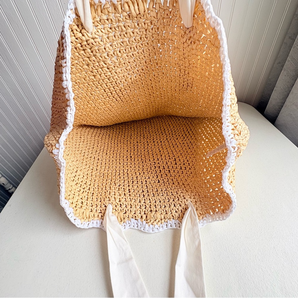 Mark and Graham White Ribbon Scalloped Raffia Tote Purse Bag New, no tags - Picture 7 of 13